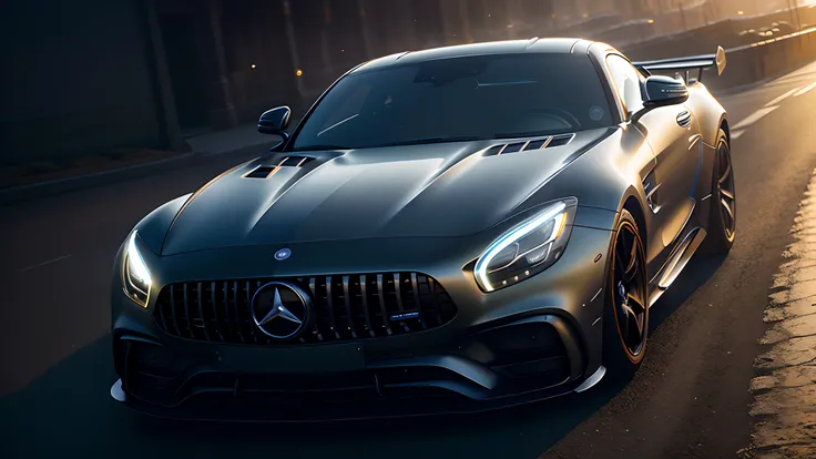 Mercedes benz-amg GTR, standing still, in a city in the morning, masterpiece, best quality, high quality, realistic lighting, cinematic lighting, high resolution, sharp, in focus, (intricate details:0.9), (hdr, hyperdetailed:1.2)