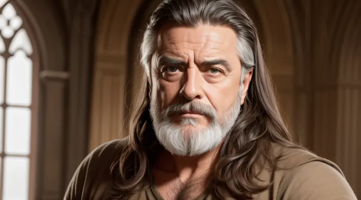 um close up de um homem com barba e uma camisola castanha, Retrato de Merlin, inspirado em Rajmund Kanelba, 8 k filme ainda, Velho Rei Medieval, ainda de um filme de fantasia, ian mcshane, Do arcano da Netflix, Filme ainda de Duna 2020, Directed by: Alexan...