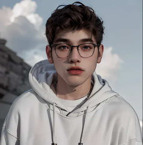 (masterpiece:1.2), (best quality:1.2), hyper realistic,highestres,absurdres,extremely detailed,volumetic,dramatic lighting,(frontal view),
20 year old boy,face,detailed eyes, gray hoodie, black t-shirt, with background ((sky))