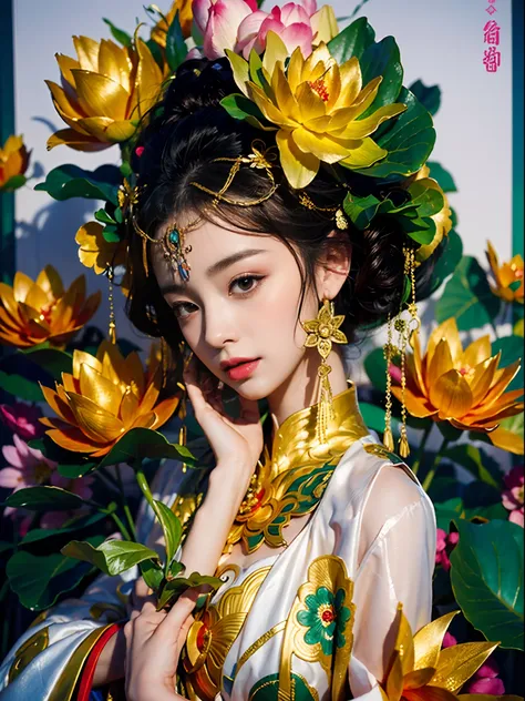 a close up of a woman wearing a hat and a dress, A beautiful artwork illustration, Palace ， A girl in Hanfu, Guviz-style artwork, Guviz, Alphonse mucha and rossdraws, gilded lotus princess, lotus floral crown girl, a beautiful fantasy empress, Exquisite di...