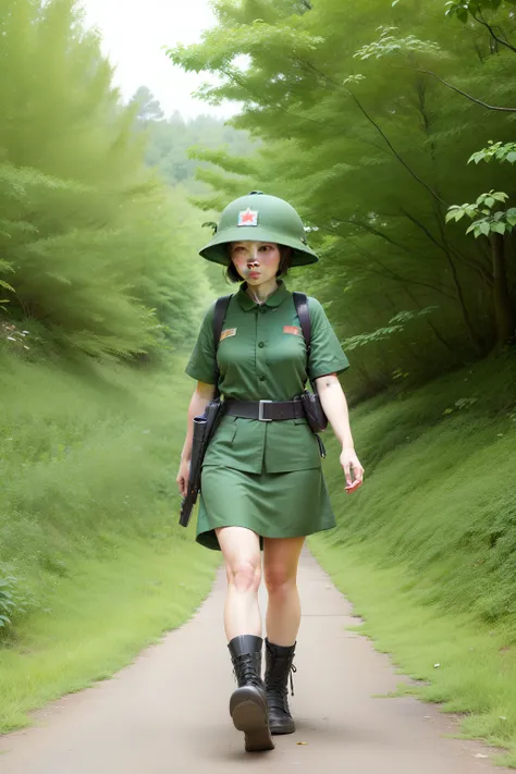 1 girl, mucoi, wear a soldier's shirt, vietnamese, pith, helmet, green headwear, full body, carry a gun, walking in forest,