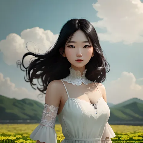 （Highly detailed body，Highly detailed face，Best quality at best：1.2） ，A woman who is，（Dandelions flutter in the wind in the background)，a Korean girl，HD photo effects,Artistic photos,Lace white dress，Long black hair，beautiful  face,No bra。