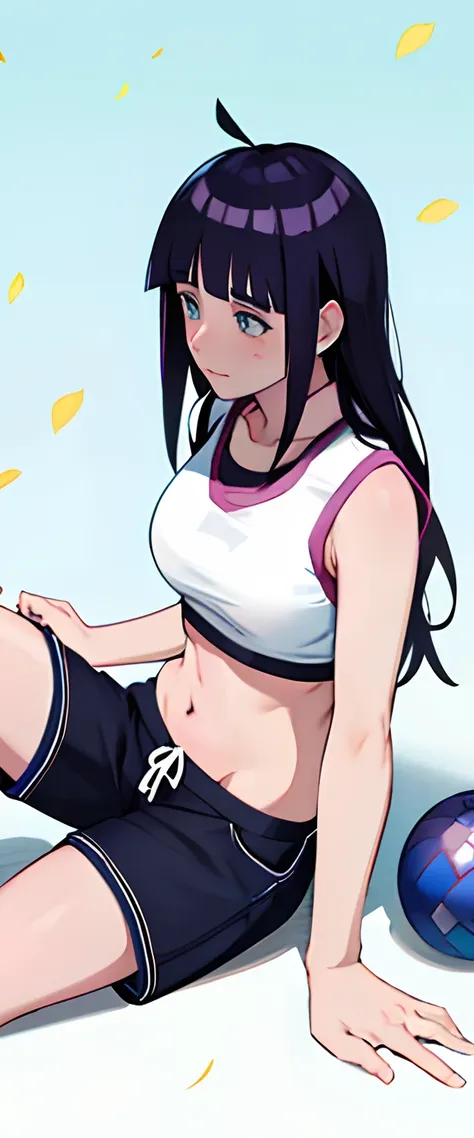 a cartoon of a girl sitting on the ground with a ball, hinata hyuga, hinata hyuga from naruto, sakura petals around her, her expression is solemn, blunt bangs, blue eyes, looking down, crop top, pants, coloured images, long hair