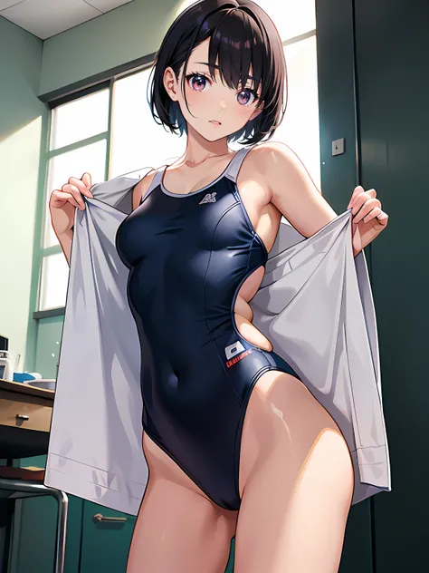 ((masterpiece)), {Japanese slender beautiful girl}, high resolution, best quality, {masterpiece}, ultra-detailed, {school swim suit}, , wedgie, caustics, detailed, cinematic lighting, white short hair, no blash cheeks, school class room