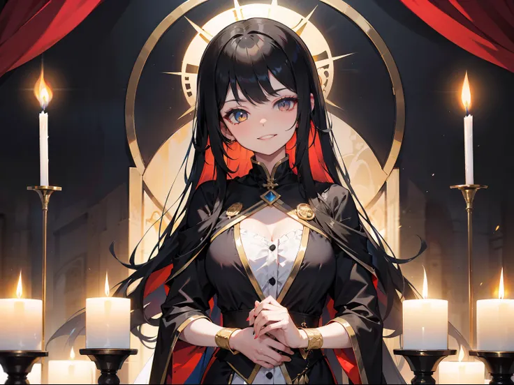 bright look，The smile is bright，Long black hair shawl。She loves to tease，And with a smug look。Dressed in brightly colored court costumes。Background with：Inside the magnificent palace，Candles flicker，The atmosphere seemed warm and oppressive。