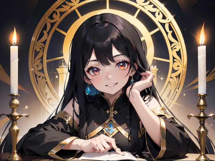 bright look，The smile is bright，Long black hair shawl。She loves to tease，And with a smug look。Dressed in brightly colored court costumes。Background with：Inside the magnificent palace，Candles flicker，The atmosphere seemed warm and oppressive。