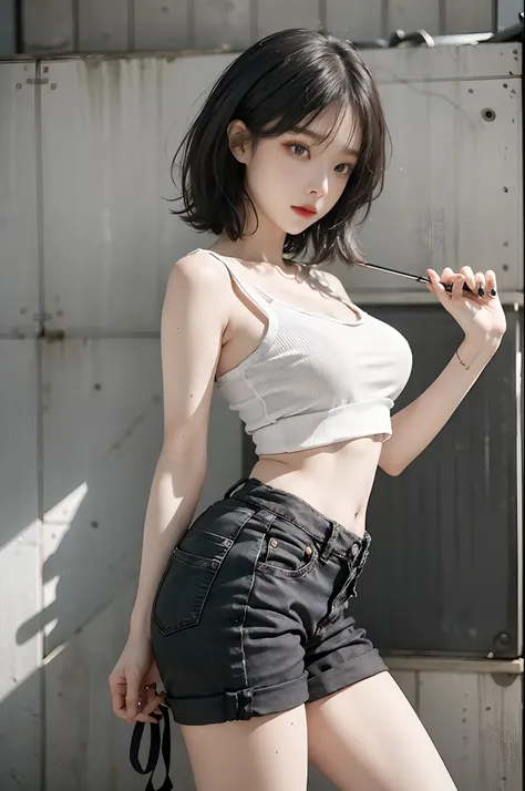 Top image quality、Raw photography、超A high resolution、Cute girl at 18 years old、Shooting for one person only、round breast、Black tank top、short trousers of black color、Beautiful Eyes of Details、very elongated eyes、Beautiful eyelashes、Beautiful double eyelids...