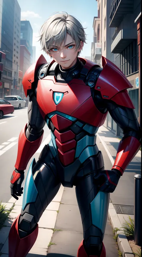 Young guy, short gray hair, Cyan eyes, Autobots red armor, running, ssmile, Masterpiece, hiquality