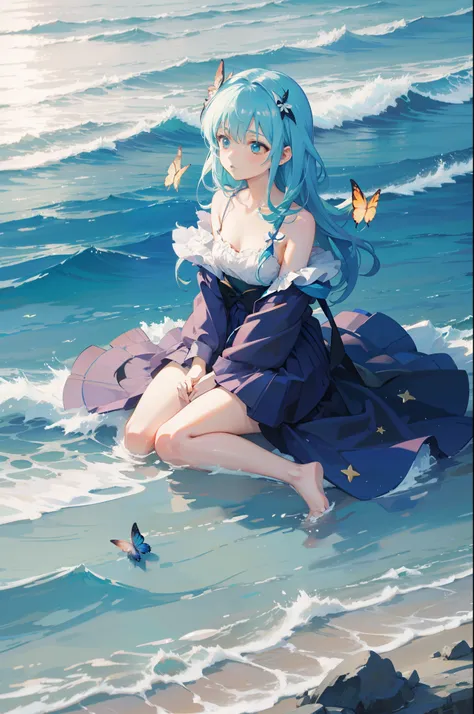 beachside，swell sea，glowworm，As estrelas，glowing butterflies，Hayao Miyazaki anime style