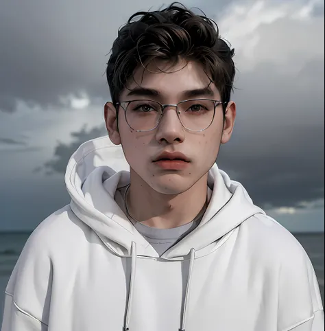 (masterpiece:1.2), (best quality:1.2), hyper realistic,highestres,absurdres,extremely detailed,volumetic,dramatic lighting,(frontal view),
20 year old boy,face,detailed eyes, gray hoodie, black t-shirt, with background ((sky))