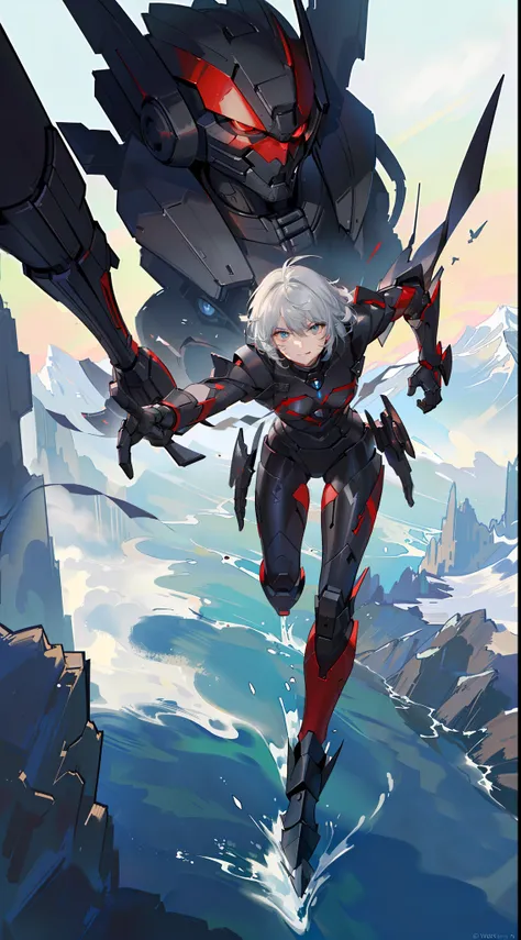 Young guy, short gray hair, Cyan eyes, Autobots red armor, running, ssmile, Masterpiece, hiquality