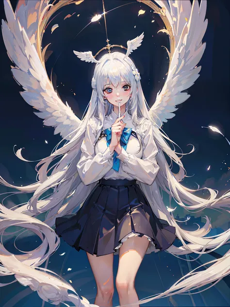 ((Masterpiece，full bodyesbian，in a panoramic view，symetrical composition，epic，grand，large angel wings，large wings，Delicate faces，Long-haired, slender girl with angel wings smiled and looked ahead，The halo on the head，The body is suspended in the air，Tulle ...