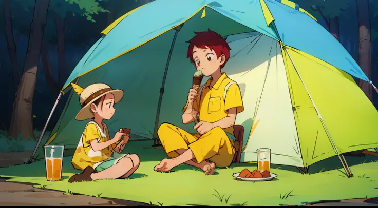 Forest camping，Little girl and daddy sitting on camping mat，Eat ice cream happily，Colored ice cream，Yellow tent，There are paint plates and brushes around。Delicate skin texture，rich details​