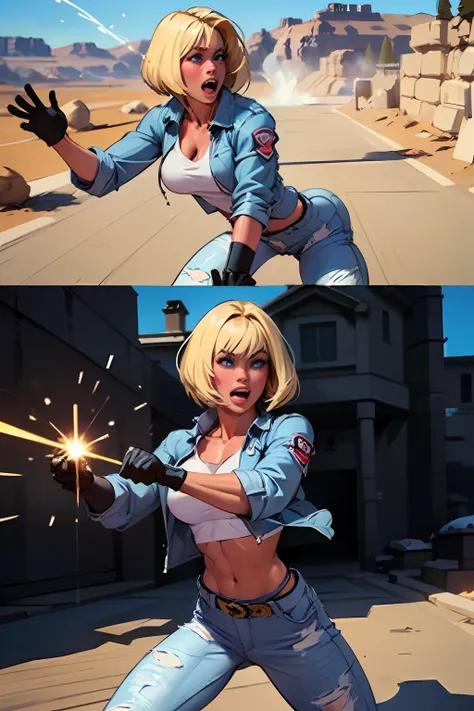 (((1 girl,  cute, denim jacket, white top, jeans, Gloves, blond, short hair, bob hair,  side parted hair, blue eyes))), (((blond hair))), 
dynamic poses, manga style, depicting a group of characters in various action scenes, from intense battles to lighthe...