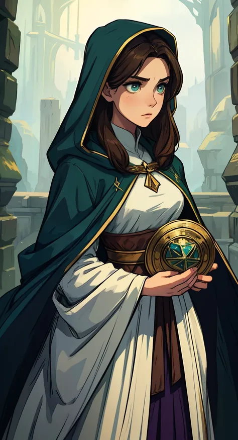 A beautiful woman with green eyes and brown hair, she is a sorceress wearing white and gold noble robes. With hood A princess of magic and a sad look of dramatic concern Expressive An art for an RPG A medieval art for RPG