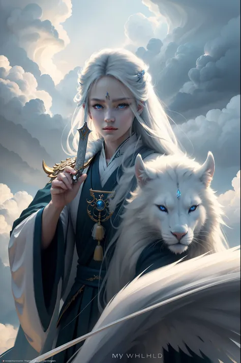 perfect  detail，illustratio，High resolution 8K，（fantasy:1.3），The whole body of the character，long  white hair，Wear Hanfu，Shine brightly，In the clouds，Beautiful background，Companionship with mythical beast pets，Holding a precious sword，Beautiful face，Cold e...