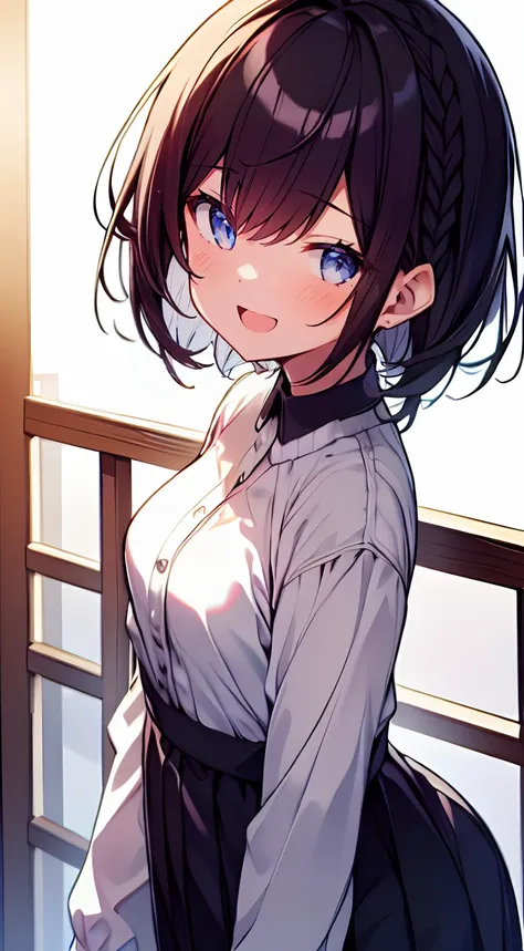 masutepiece, Best Quality,Illustration, Wallpaper, Ultra Detail, 1girl in,Solo,Beautiful detailed eyes,Very thick contour lines、Medium Short-Cut Hair、Short, Braided hair、(student clothes)、Dark hair color、Open mouth and big smile、Kamimei、Angle from which yo...