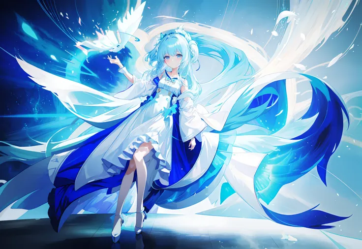 anime girl with blue hair and white dress holding white object, full body adoptable, long haired humanoid fursona, rimuru tempes...