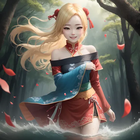 "the Extremely Detailed CG Unity 8K Wallpapers，tmasterpiece，The highest image quality，【😊Colored Forest，depth of fields，A large number of splattered droplets:1.2，flower petals，Toy Surround，the wind，foliage，grass field，volumettic light】blonde  hair，Be red in...