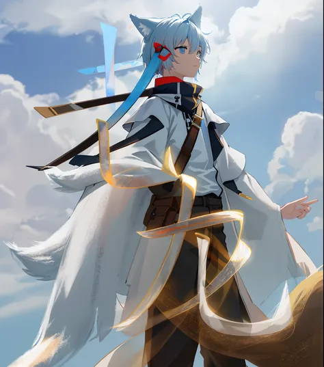 1boy，Shota，(high-definition quality，Masterpiece level)，Fresh and cold boy character，Wolf ears、Wolf Tail highlights the sense of belonging to the character，Heterochromatic eyes and the color of light blue hair echo each other，with clean lines，Show the modes...