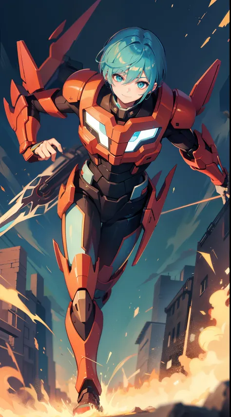 Young guy, short gray hair, Cyan eyes, Autobots red armor, running, ssmile, Masterpiece, hiquality