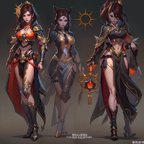 a close up of a strong amazon woman in her 30s, with red eyes and brown hair, wearing black and red lingerie, a heroine with red eyes, female mage with sun power, middle-eastern princess, standing in a middle-eastern temple, belly dancer, new costume conce...