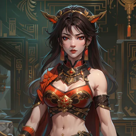 a close up of a strong amazon woman in her 30s, with red eyes and brown hair, wearing black and red lingerie, a heroine with red eyes, female mage with sun power, middle-eastern princess, standing in a middle-eastern temple, belly dancer, new costume conce...