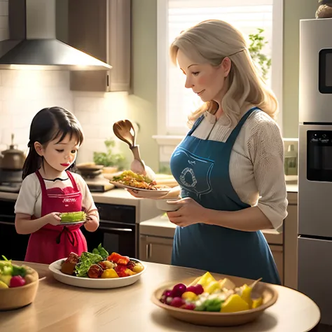 Create an image in artistic tone a kitchen environment, in the center with a focus on the table with various healthy foods, Around this table a mother carefully preparing some food counting on the company of her children