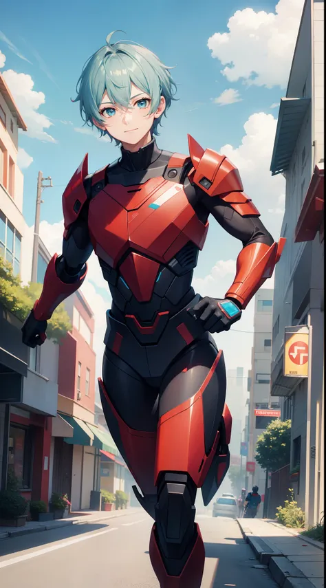 Young guy, short gray hair, Cyan eyes, Autobots red armor, running, ssmile, Masterpiece, hiquality