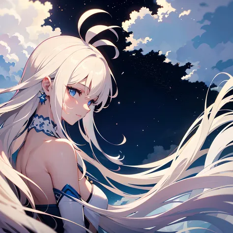 tmasterpiece，top-quality，best qualityer，offcial art，Beauty and aesthetics，The upper part of the body，seen from the side，looking at viewert，Patterned，White color hair，Long hair，Eau，liquids，​​clouds，janelas，Starry，As estrelas，Affectionate look