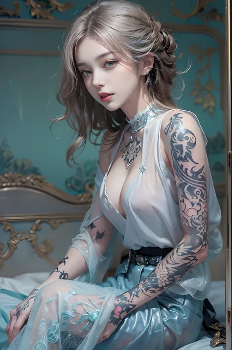 (Gorgeous atmosphere based on white)、​masterpiece、独奏、A highly detailed、Ultra-detailed、超A high resolution、Photorealsitic、Crystal clear white skin、((Blouse made of transparent light fabric、pale blue shirt with wide open chest、 areola is see-through、Black tat...