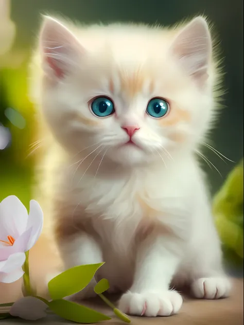 There is a white kitten sitting next to a pink flower, lovely digital painting, Cute detailed digital art, adorable digital art, cat. Digital painting, digital painting highly detailed, beautiful digital painting, Ultra-Realistic Illustrations, soft digita...