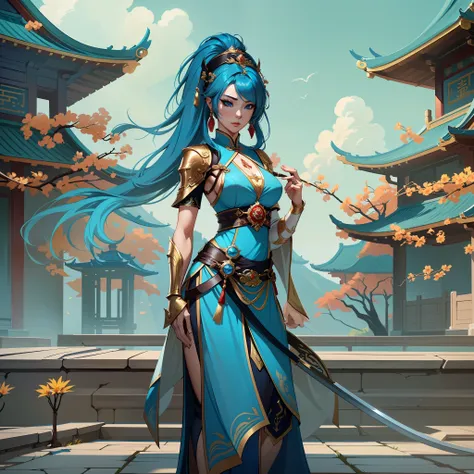 a close up of a short woman in her 30s, with blue eyes and ocean blue hair, wearing a blue and black gown dress, a chinese empress with blue eyes, female swordswoman, chinese princess, standing in a chinese temple, new costume concept design, in the style ...