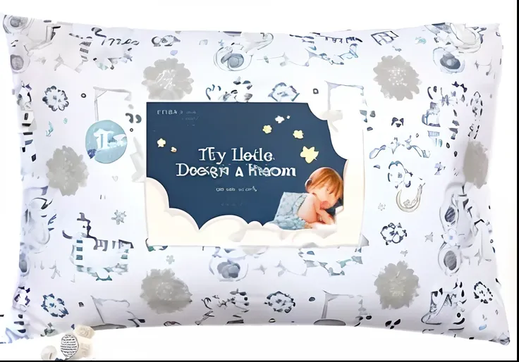 A white pillow，There is a picture of a little boy on it, Dreamy, dreamy soft, Pillows, Back against the pillow, dreamy and detailed, Sleepy, kiddy big breasts, Gummies, sweet dreams, lie on pillows, dreamy night, very magical and dreamy, super cute and fri...