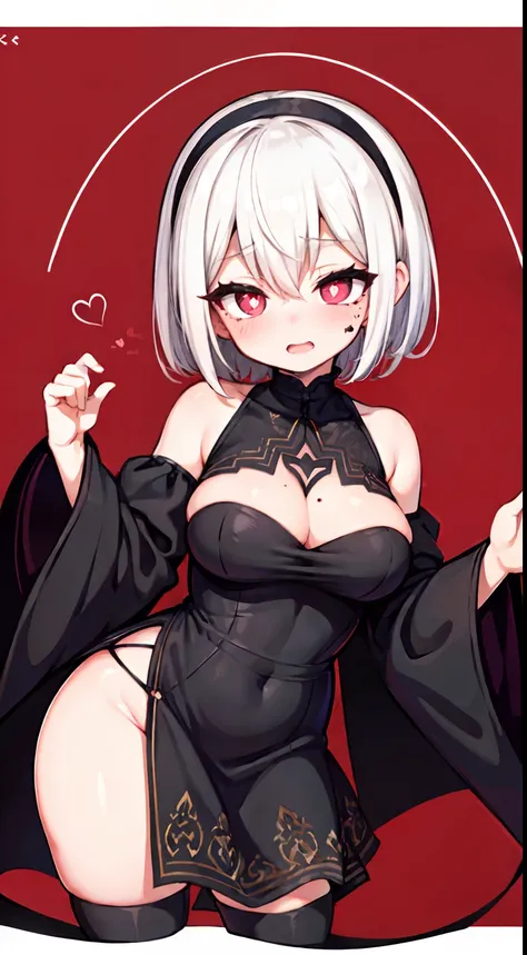 2b，White border on dark red background，Black robe，C cup，black hair band，with short white hair，High detail,ahegao face,Moles under eyes, Heart-shaped pupils，Love pupils，cropped shoulders，Lots of hearts，Fleshy thighs,highly rendered，detailed face with