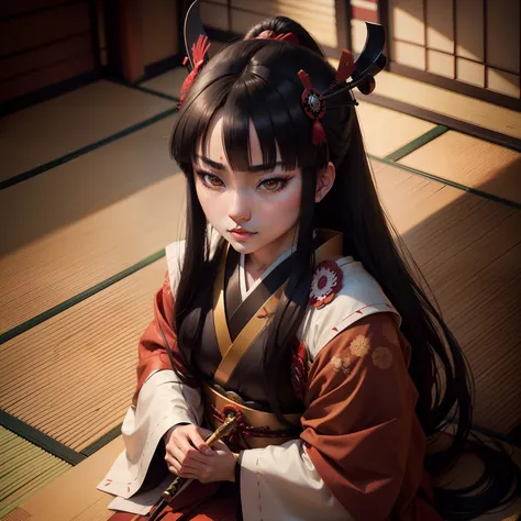 Beautiful samurai，Japanese Sengoku style，Glorious style，Nobunagas letter，Semi-realistic，eye detailed，Deep eye shadow，largeeyes，Elongated eyebrows，Willow eyebrows，The mouth is slightly open，Black thick straight hair，Aizawa Minami，Delicatemakeup，Hold the kni...