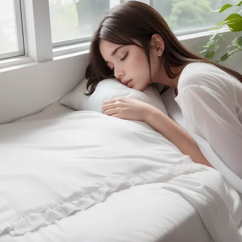 Young girl sleeps，white bed sheet, Large white pillow，Outside the window is the forest，very heavy rain，highest details, during daytime, siesta, A dark-haired, Hairstyle Bob, I have an iPad, Blissful sleeping face, Cute sleeping face,