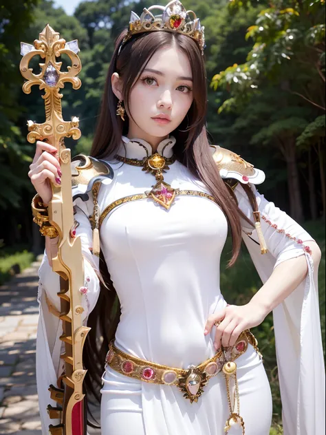 (masutepiece), Professional , ​masterpiece、top-quality、photos realistic , depth of fields （Gemstone Silver Metal Body:1.９),(Matte White、Jewel Gold Weapon、（Gorgeous castle background）、（ultimate beauty girl）、（Jewel Metal Body:1.４),Gorgeous Jewel Metal Weapon...