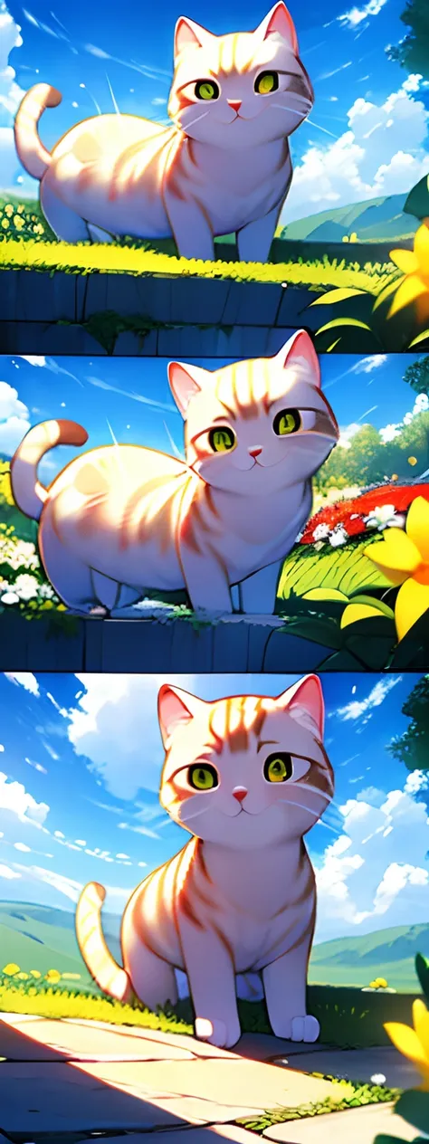 (Ultra resolution 8K, obra maestra, calidad superior, lindo gatito jugando con las flores)