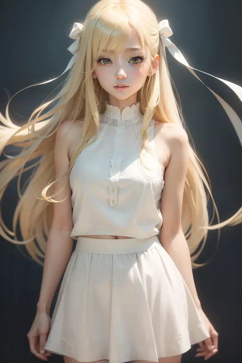 Blonde female character with long hair、Appearance similar to Nanase Nishino、slightly lower nose、thin lipss、Wearing pure white sleeveless and long skirt、Draw beautifully in every detail。