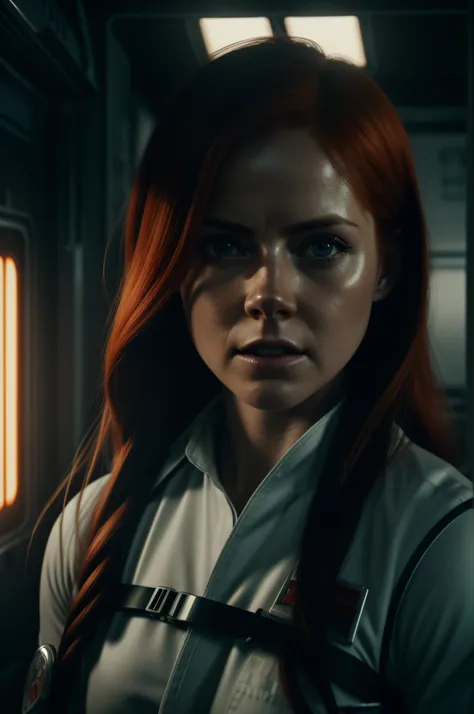 hot amy adams orange hair as a medic on ishimura horror space ship hiding photography, natural light, photorealism, cinematic re...