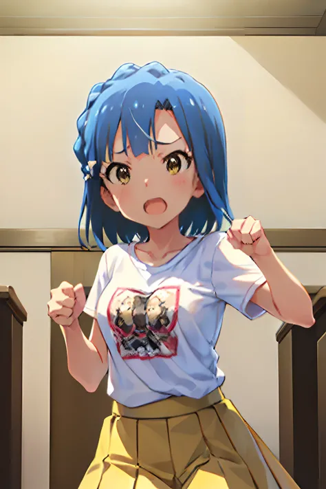 yuriko nanao (million live). Short stature. (((white t-shirts))).(((Skirt))).(((masterpiece))).(((best quality))).((Ultra-detailed))).(((illustratio))). (((fighting stance))).(((a room))).(((make a fist))).(((up chest))).Despair face.(((short-hair))).((big...