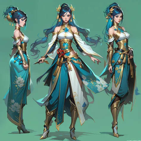 a close up of a short woman in her 30s, with blue eyes and ocean blue hair, wearing a blue and black gown dress, a chinese empress with blue eyes, female swordswoman, chinese princess, standing in a chinese temple, new costume concept design, in the style ...