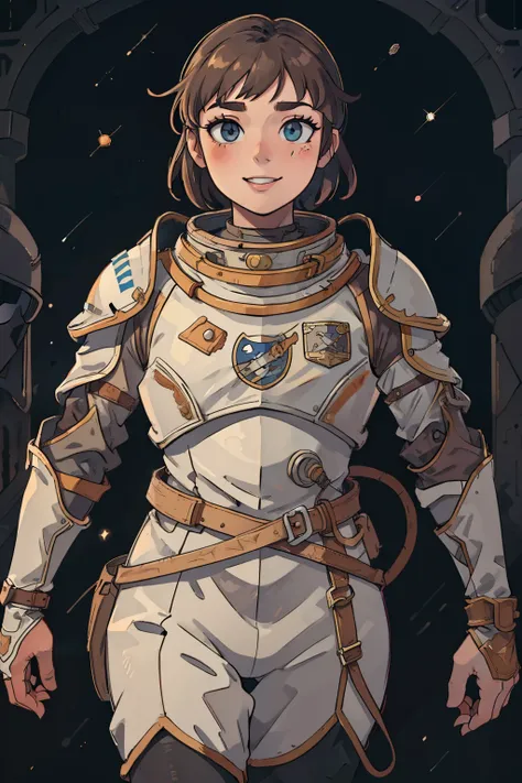 professional artwork, detailed eyes, beautiful eyes, beautiful face, flawless face, gorgeous face, smooth features, blush, short hair, beautifully detailed background, adventurous astronaut knight in armored space suit holding glowing sword made of light, ...