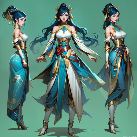 a close up of a short woman in her 30s, with blue eyes and ocean blue hair, wearing a blue and black gown dress, a chinese empress with blue eyes, female swordswoman, chinese princess, standing in a chinese temple, new costume concept design, in the style ...