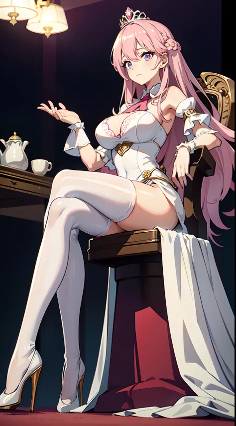 Pink hair，long whitr hair，A queen，Cute girl，She wears a long white transparent dress，white stockings，high-heels，whitegloves，Delicate facial features，perfect bodies，huge tit，legs crossed，Exposed fat times，sitting on an royal throne，is shy，Be red in the face