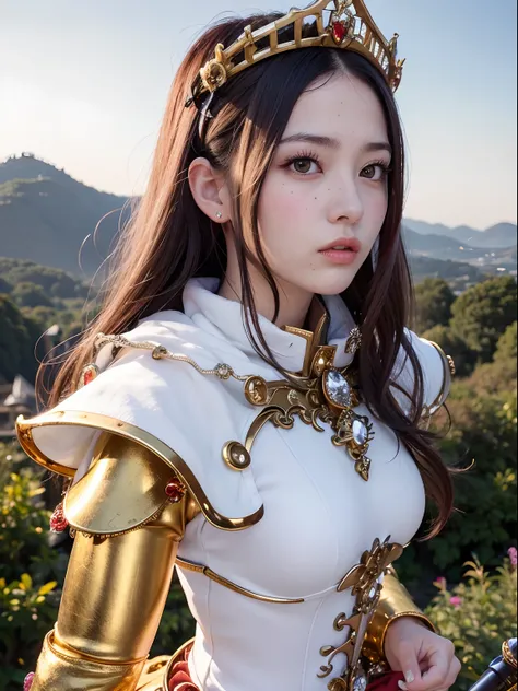 (masutepiece), Professional , ​masterpiece、top-quality、photos realistic , depth of fields （Gemstone Silver Metal Body:1.９),(Matte White、Jewel Gold Weapon、（Gorgeous castle background）、（ultimate beauty girl）、（Jewel Metal Body:1.４),Gorgeous Jewel Metal Weapon...