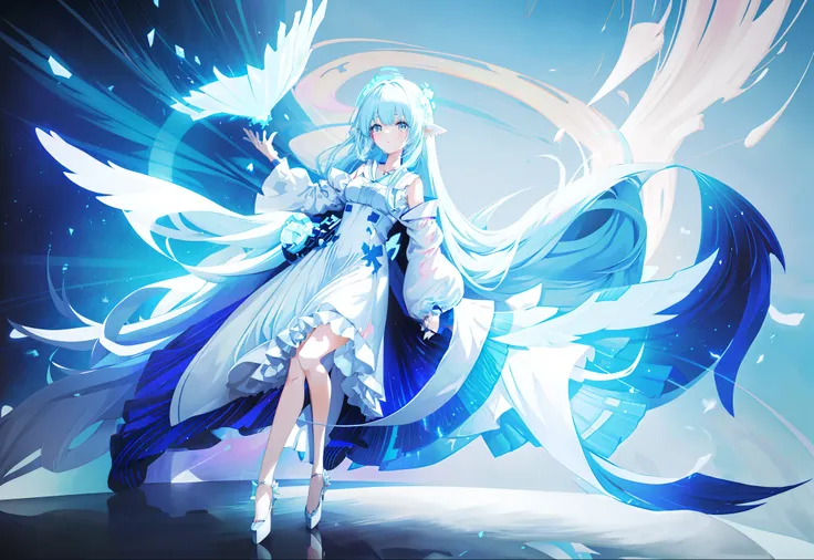 anime girl with blue hair and white dress holding white object, full body adoptable, long haired humanoid fursona, rimuru tempes...