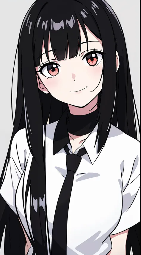 anime girl with long black hair and a white shirt and tie,((black and white portrait)),black and white picture,Smile,minimalist painting,Simple strokes,messy  hair,Cluttered lines,Messy bangs