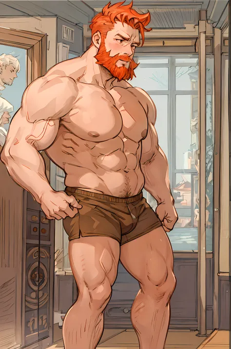 masterpiece, best quality, ultra-detailed, illustration, beefy ginger hairy macho gay-bear dadfy, big bara pecs, flexing his muscles, seducing us, big belly, erotic, seductive, yuri, romance, love, affection, intimacy, tenderness, caring, sweet, cute, beau...